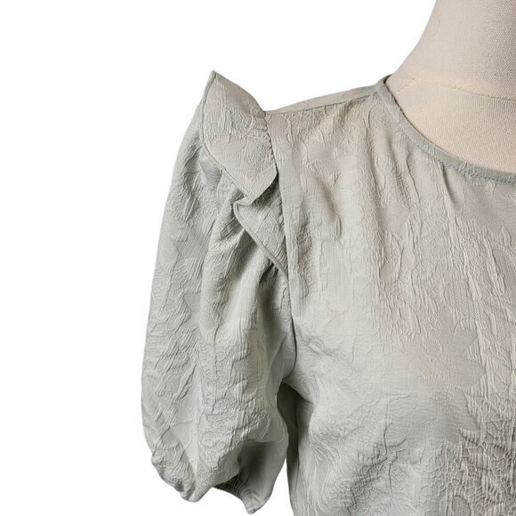 NEW Express X-Small Green Blouse Pullover Puff Sleeves Shoulder Ruffle Peplum - Picture 6 of 12